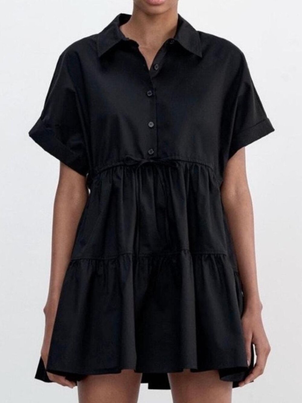 Zara Babydoll Shirt Dress XS Black Mini Tiered Collared Casual Drawstring